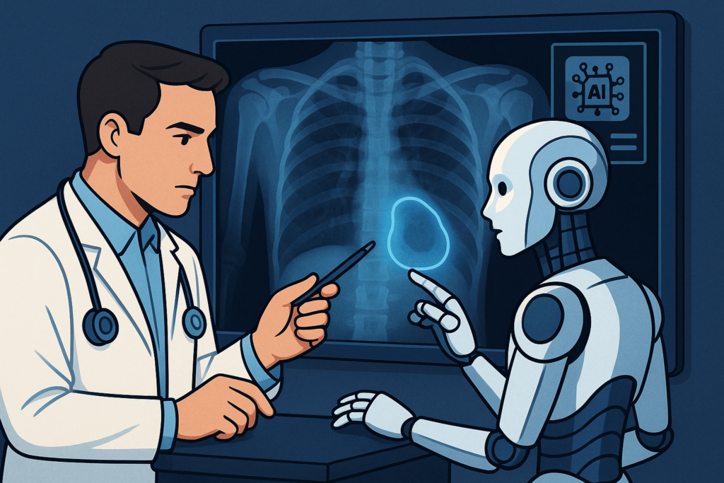 Illustration d’un médecin et d’un robot IA analysant ensemble une radiographie, représentant les bénéfices de l’intelligence artificielle en santé, dans le cadre des travaux d’ATAWAO Consulting sur l’innovation médicale.