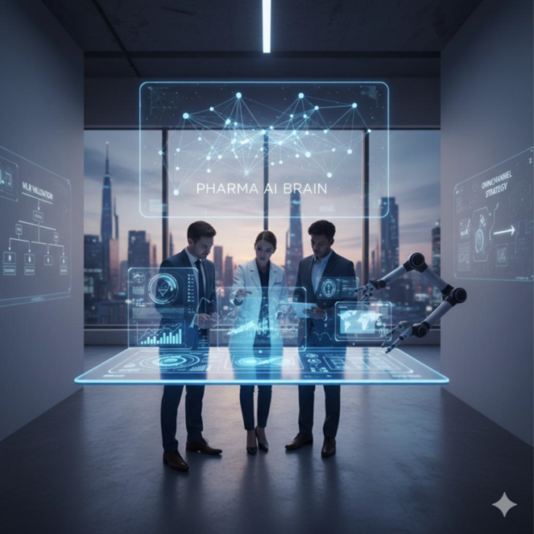 Illustration d’agents IA autonomes appliqués au marketing et aux ventes dans l’industrie pharmaceutique (personnalisation, Next Best Action, conformité MLR).