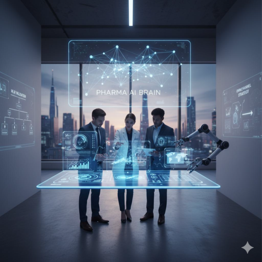 Illustration d’agents IA autonomes appliqués au marketing et aux ventes dans l’industrie pharmaceutique (personnalisation, Next Best Action, conformité MLR).